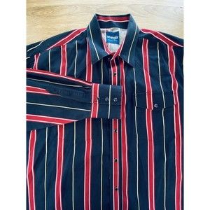 Vintage Men's Wrangler Black‎ Red Stripe  Pearl Snap Shirt 2XL *READ DESCRIPTION